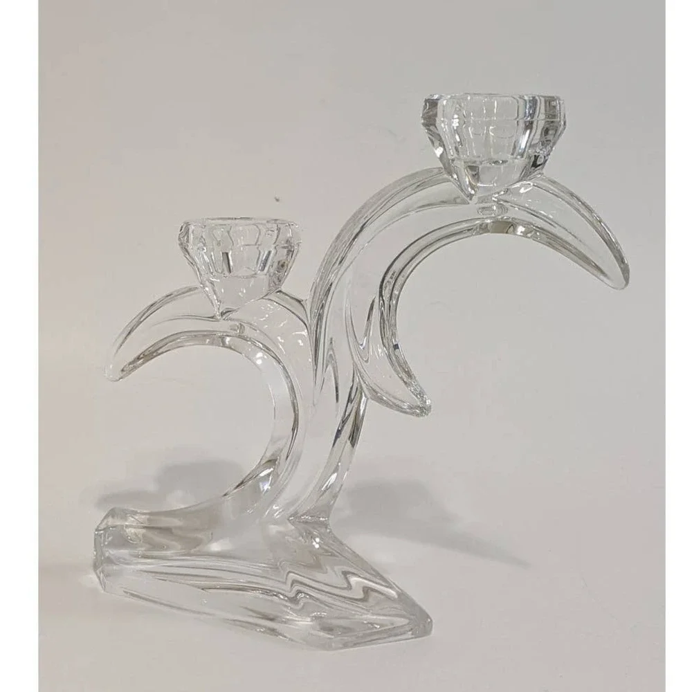 Vintage Crystal Double Candlestick Holder Sculptural Art‎ Deco Style Candelabra